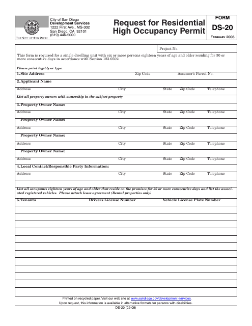 Form DS-20 Request for Residential High Occupancy Permit - City of San Diego, California