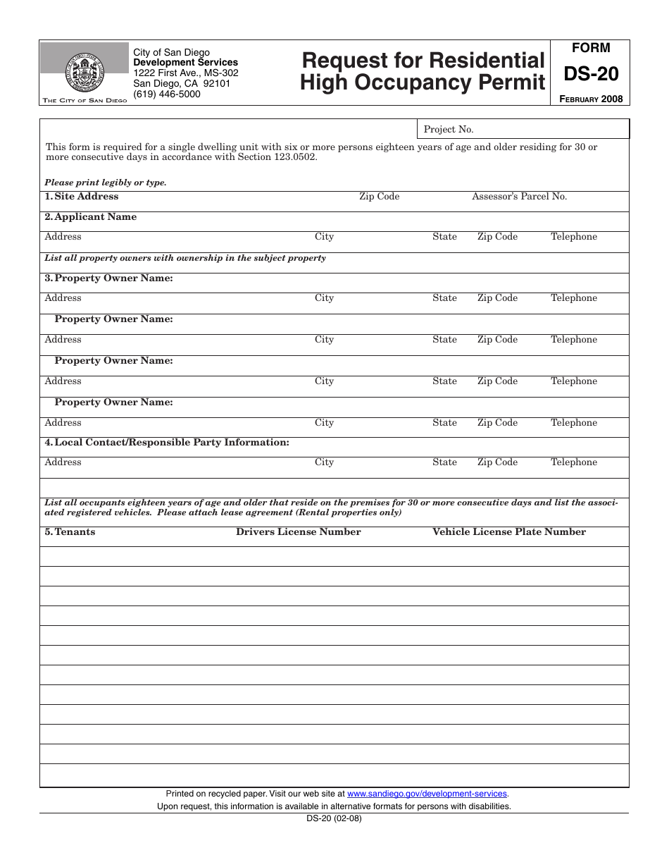 Form DS-20 Request for Residential High Occupancy Permit - City of San Diego, California, Page 1
