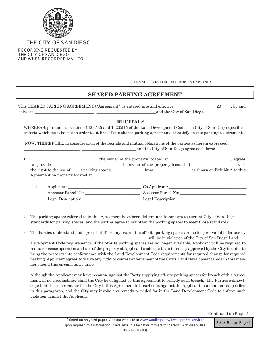 Form DS-267 Shared Parking Agreement - City of San Diego, California, Page 1