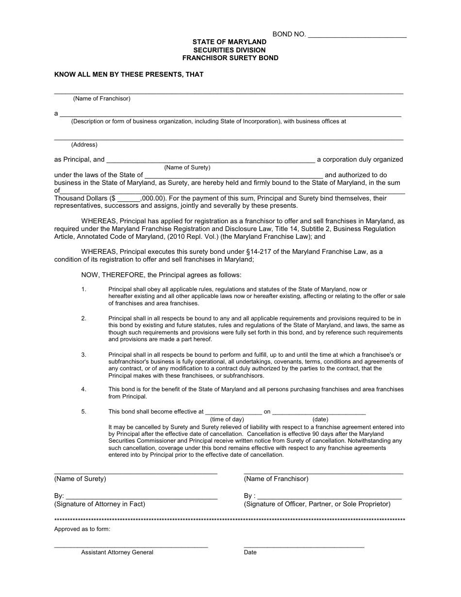 Maryland Franchisor Surety Bond - Fill Out, Sign Online and Download ...