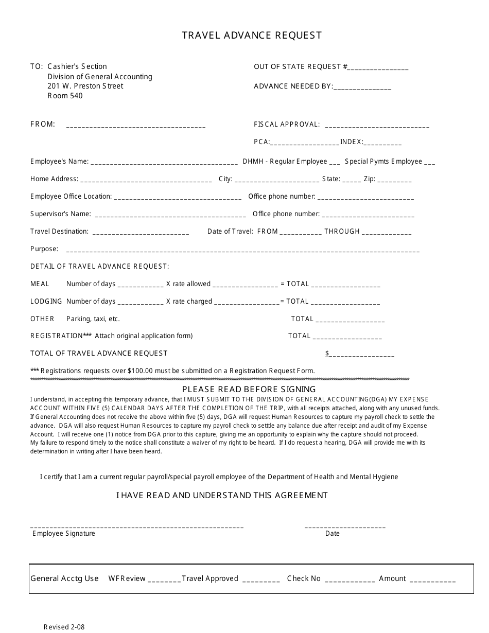 Travel Advance Request Form - Maryland, Page 1