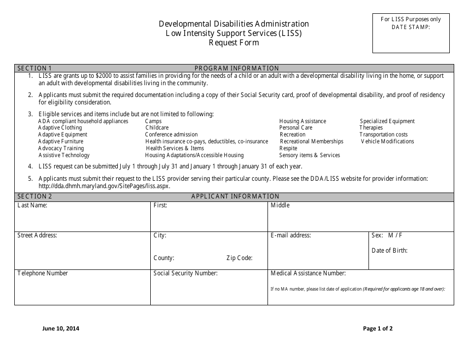 Low Intensity Support Services (Liss) Request Form - Maryland, Page 1