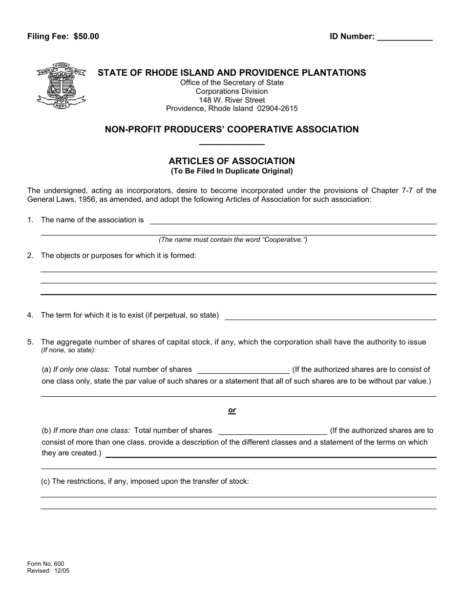 Form 600 Articles of Association of a Non-profit Producers Cooperative - Rhode Island, Page 1