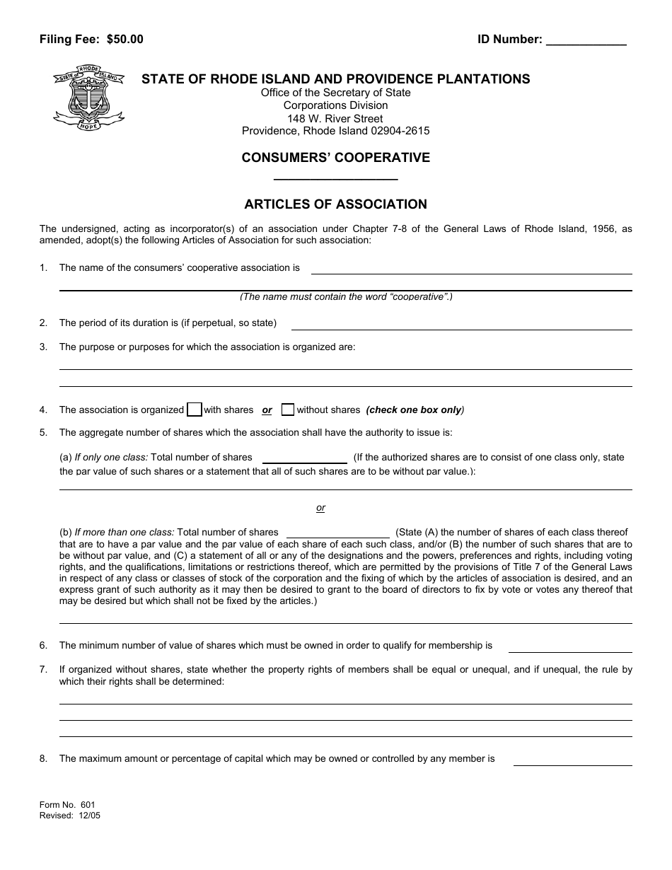 Form 601 Articles of Association of a Consumers Cooperative - Rhode Island, Page 1