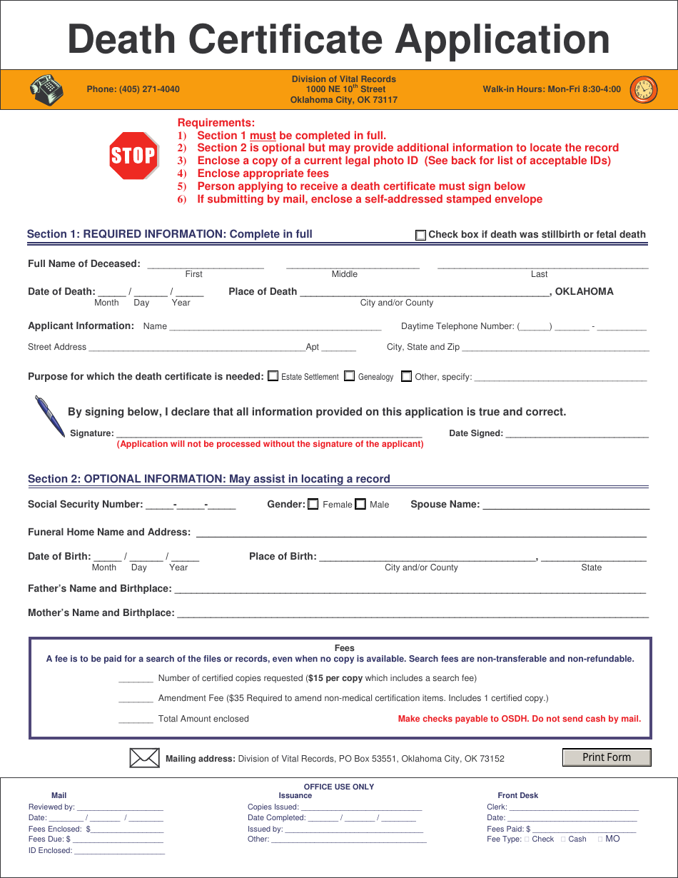 Death Certificate Application Form - Oklahoma, Page 1