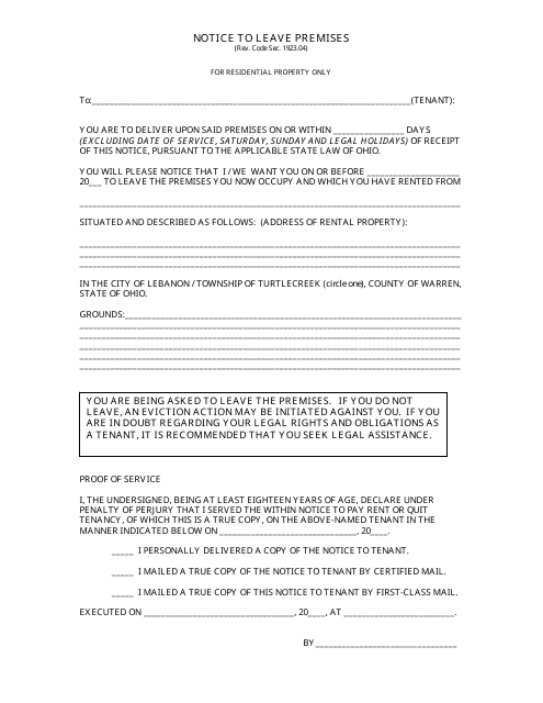 Notice Form to Leave Premises (City of Lebanon/Township of Turtlecreek) - City of Lebanon, Ohio Download Pdf