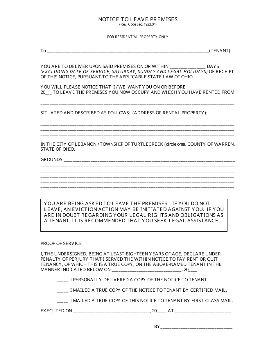 Notice Form to Leave Premises (City of Lebanon/Township of Turtlecreek) - City of Lebanon, Ohio, Page 1