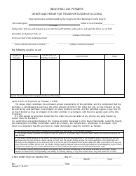 Order and Permit for Transportation of Alcohol - Industrial Use Permitee - Virginia