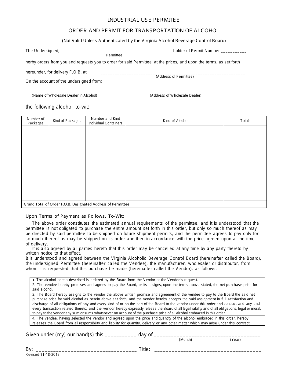 Order and Permit for Transportation of Alcohol - Industrial Use Permitee - Virginia, Page 1