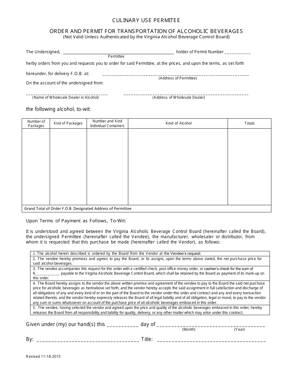 Order and Permit Form for Transportation of Alcoholic Beverages - Virginia, Page 1
