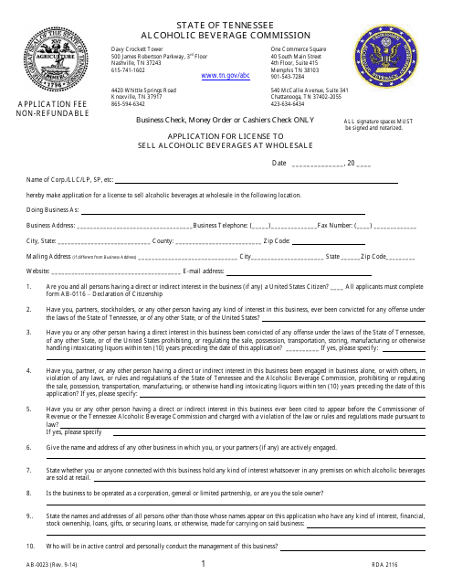 Form AB-0023 Application for License to Sell Alcoholic Beverages at Wholesale - Tennessee