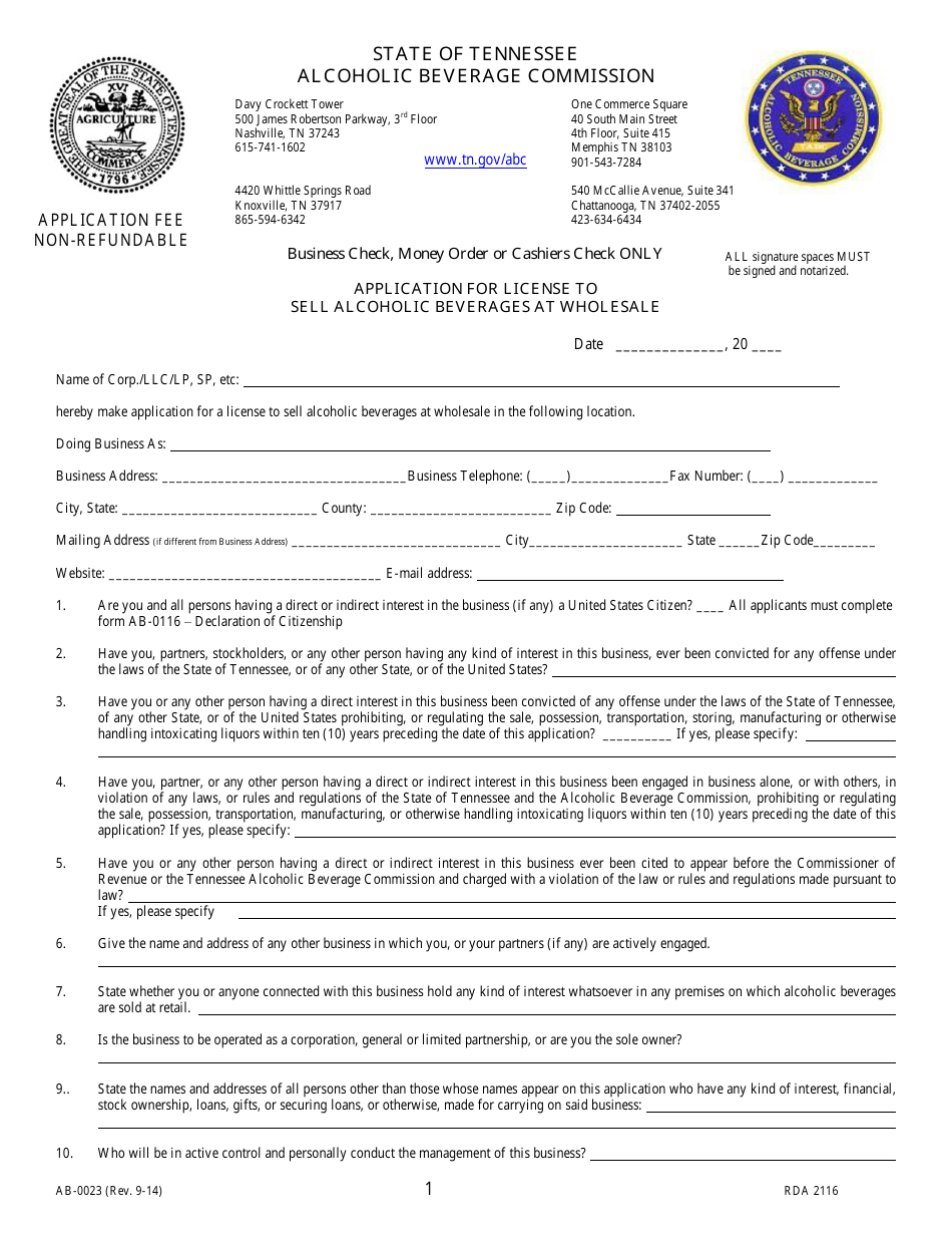 Form AB-0023 Application for License to Sell Alcoholic Beverages at Wholesale - Tennessee, Page 1