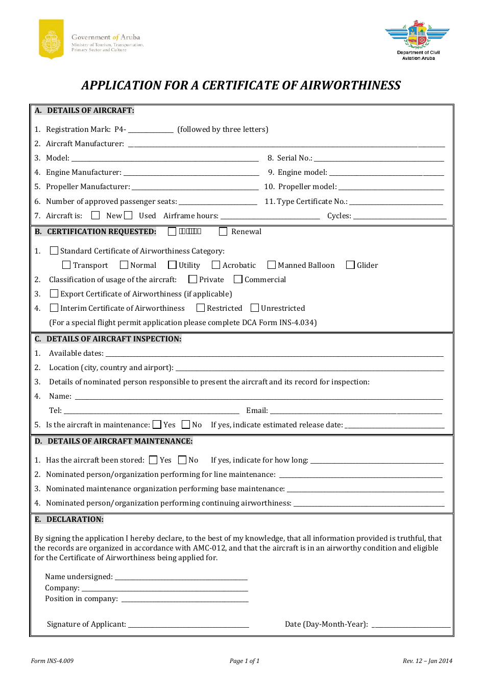 Form INS-4.009 Application for a Certificate of Airworthiness - Aruba, Page 1