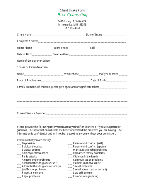 Client Intake Form - Rose Counseling Download Pdf