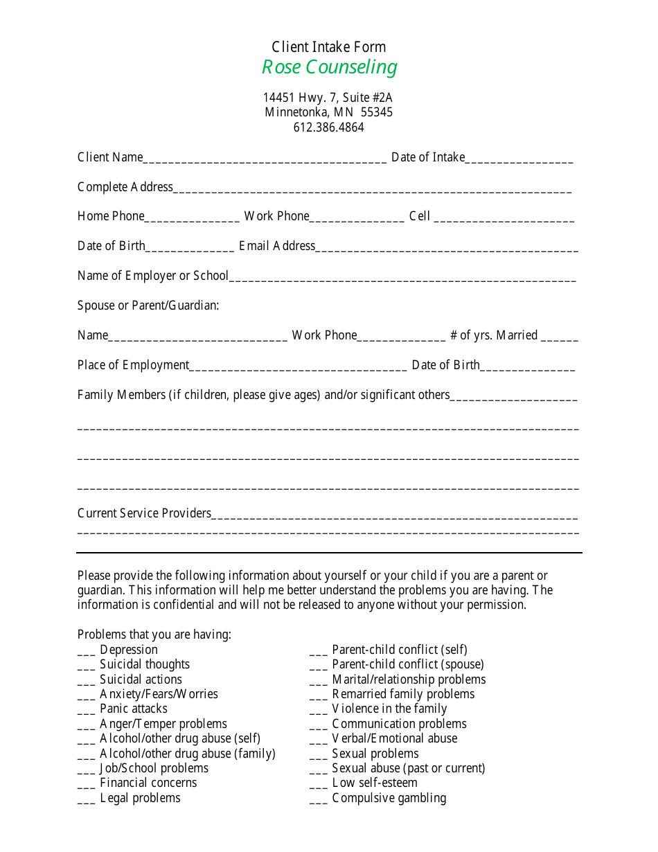 Client Intake Form - Rose Counseling, Page 1