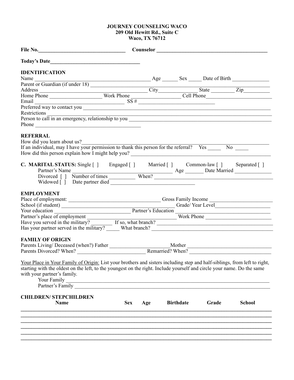 Intake Form - Journey Counseling Waco, Page 1