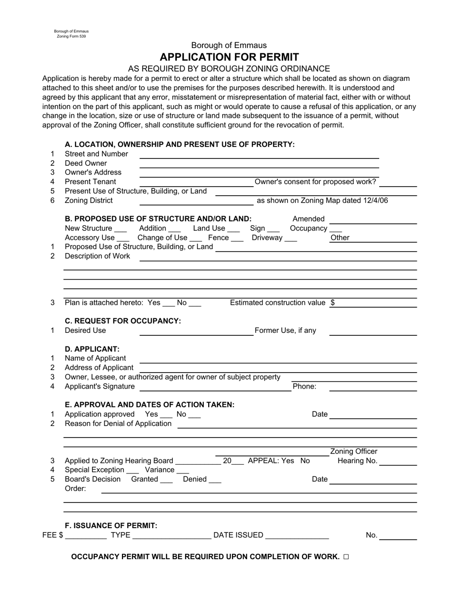 Form 539 Download Printable PDF or Fill Online Zoning/Building Permit