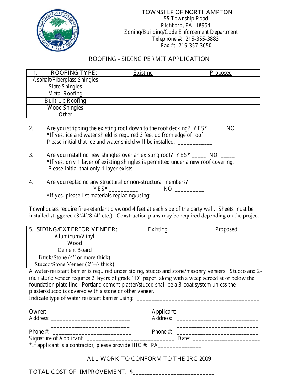 Roofing Siding Permit Application Form - Northampton Township, Pennsylvania, Page 1