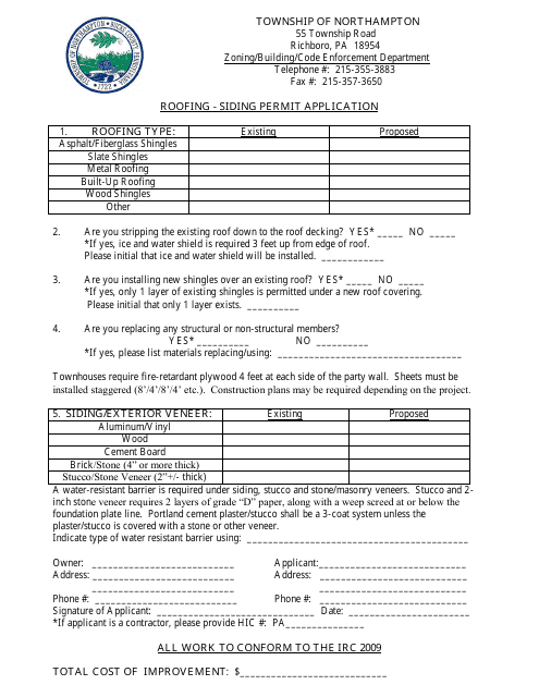 "Roofing Siding Permit Application Form" - Northampton Township, Pennsylvania Download Pdf
