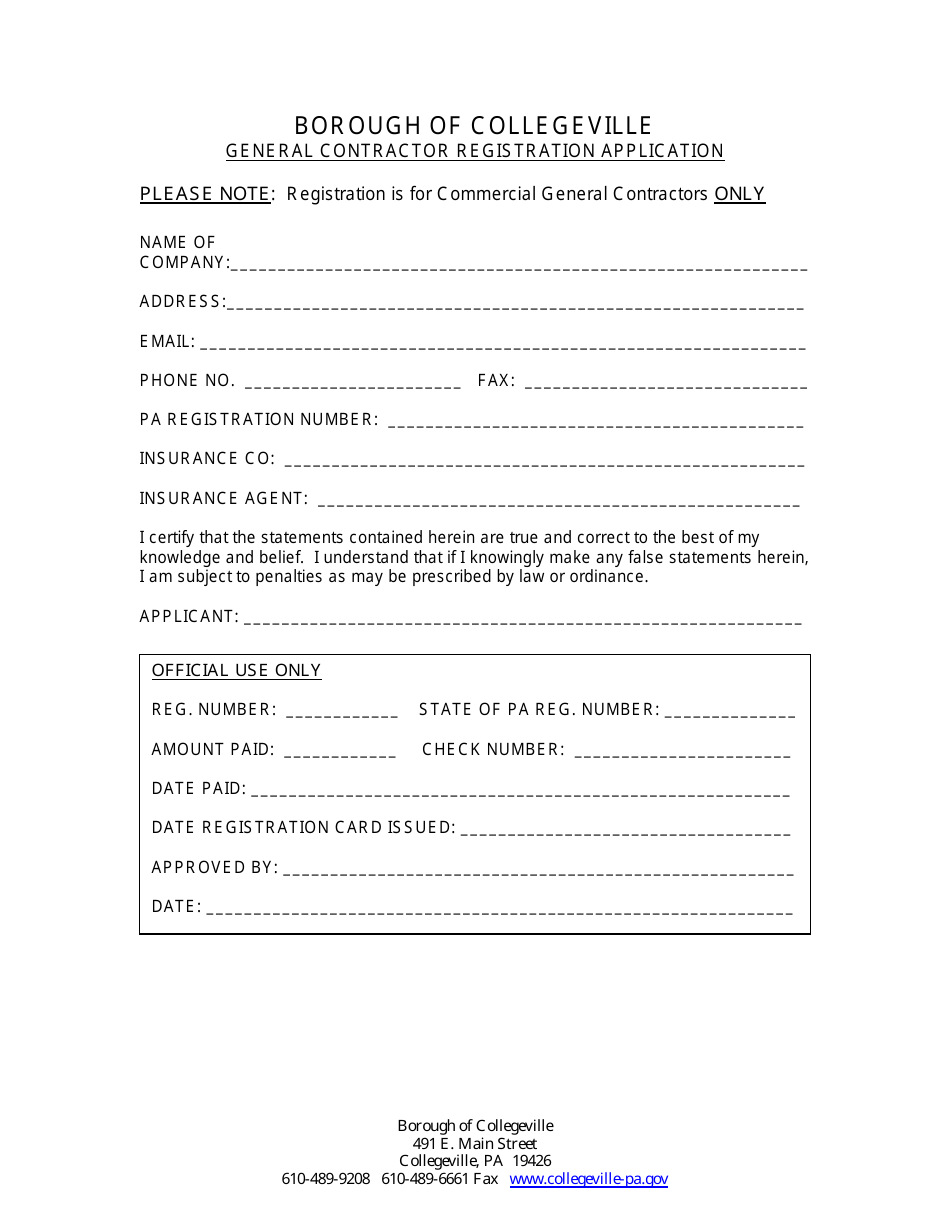 General Contractor Registration Application Form - Borough of Collegeville, Pennsylvania, Page 1