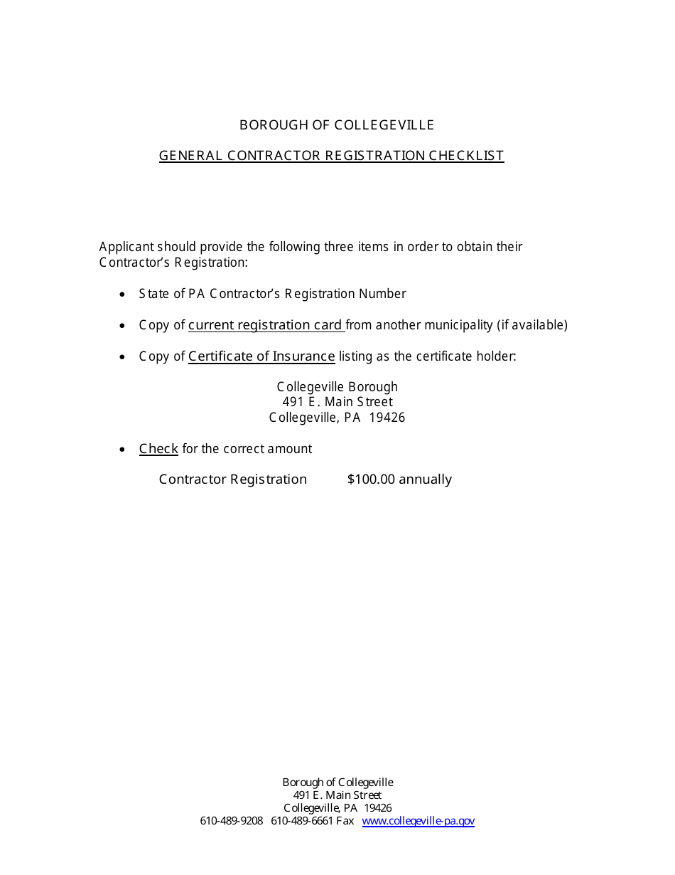 General Contractor Registration Application Form - Borough of Collegeville, Pennsylvania, Page 2