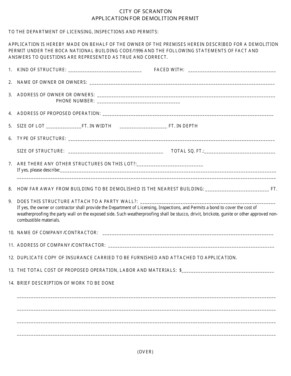Application for Demolition Permit - City of Scranton, Pennsylvania, Page 1