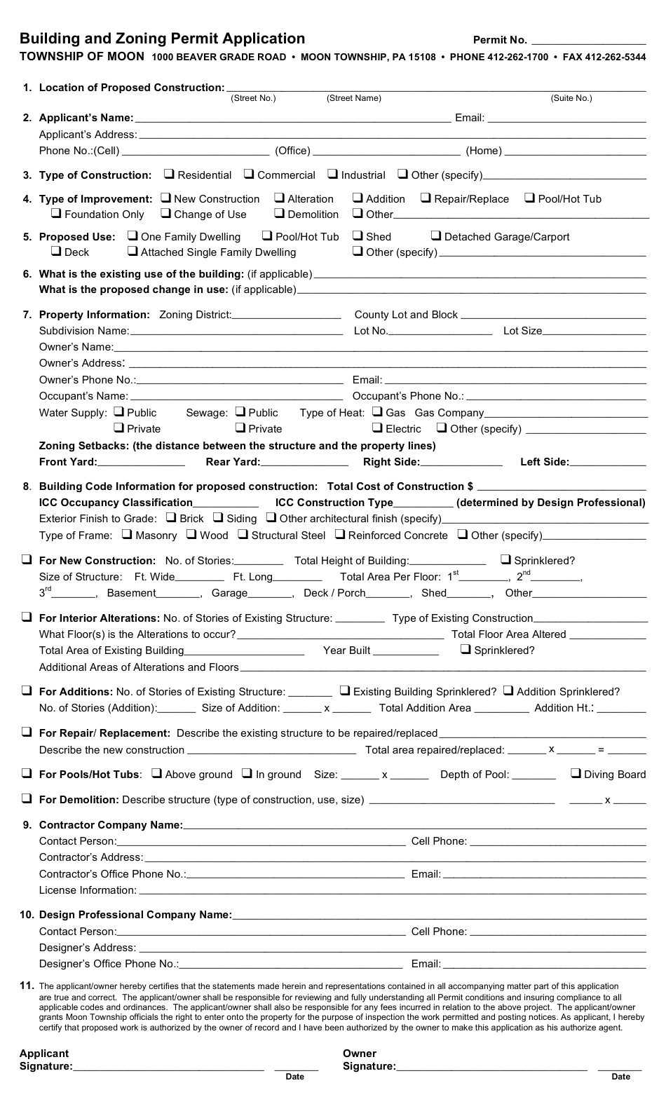 Building and Zoning Permit Application Form - Pennsylvania, Page 1