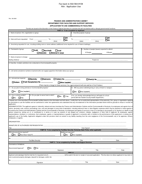 Application Form to Use Commonwealth Facilities - Kentucky