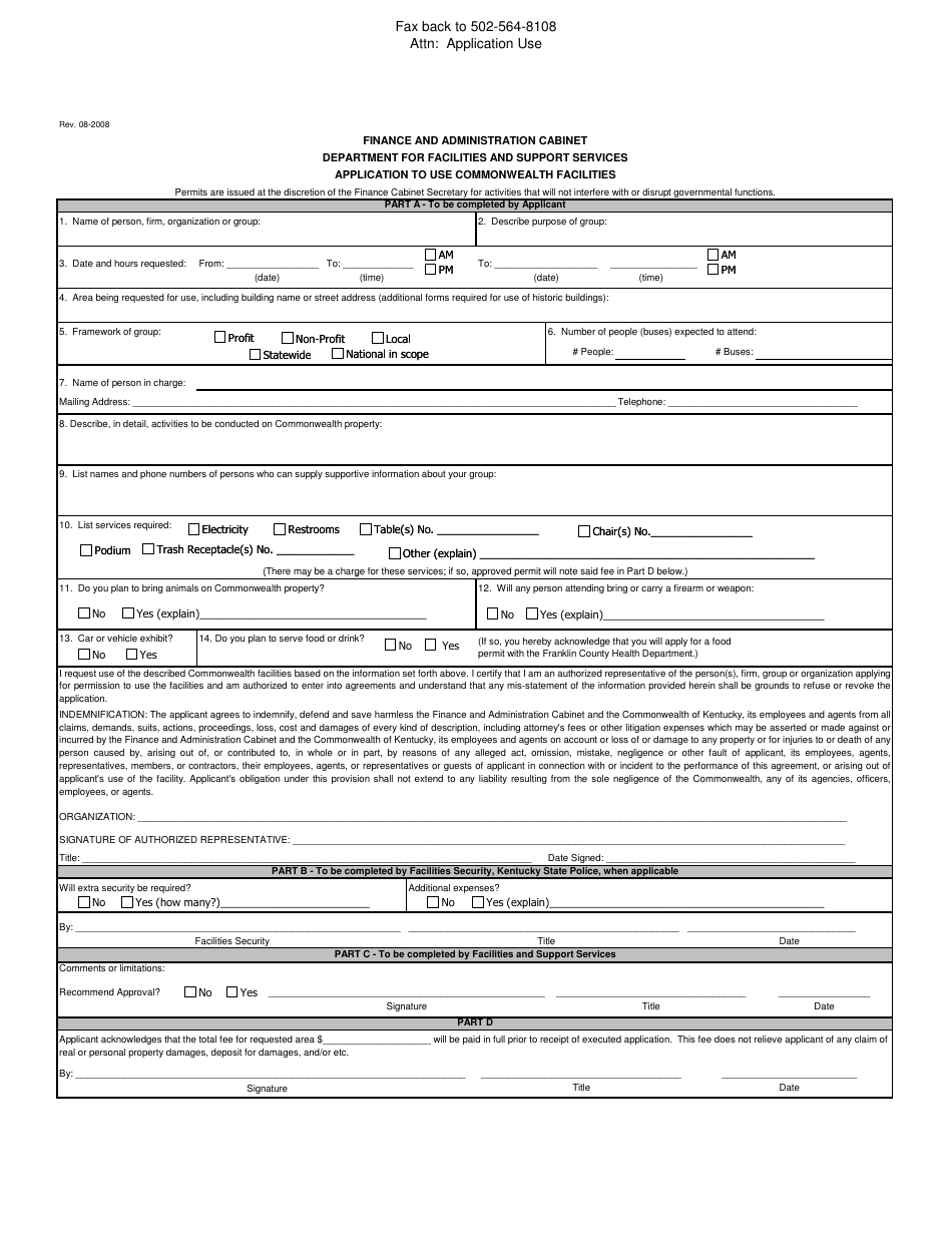 Kentucky Application Form To Use Commonwealth Facilities Fill Out Sign Online And Download 5036
