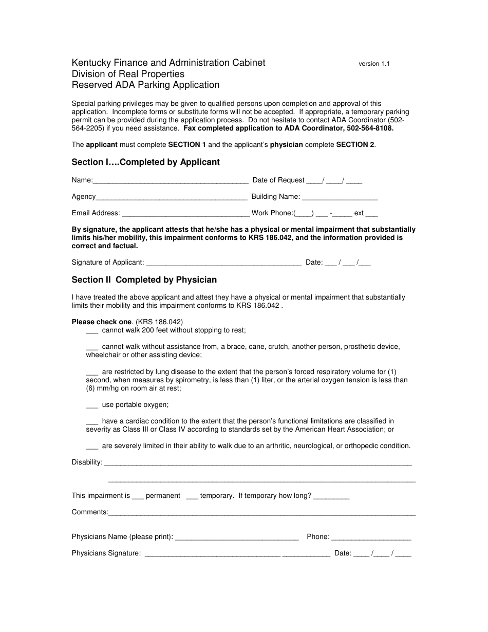 Reserved Ada Parking Application Form - Kentucky, Page 1