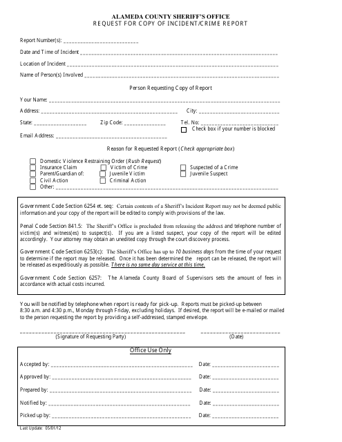 Request for Copy of Incident/Crime Report - Alameda county, California