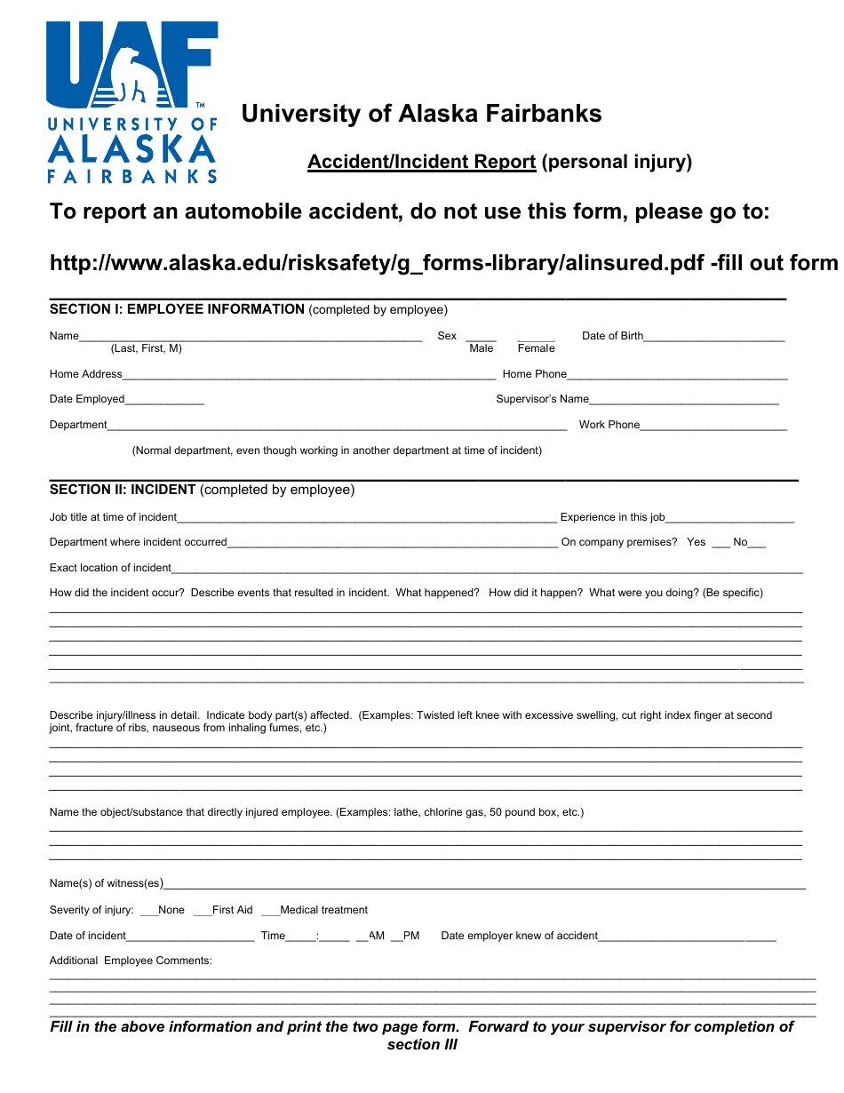 Accident / Incident Report Form - University of Alaska Fairbanks, Page 1