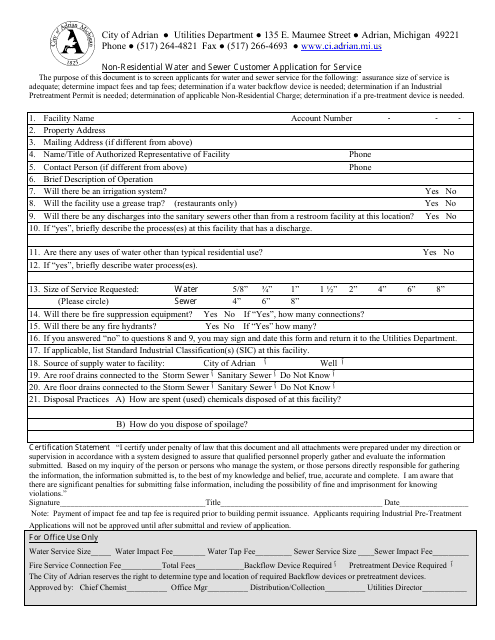Non-residential Water and Sewer Customer Application for Service - City of Adrian, Michigan Download Pdf