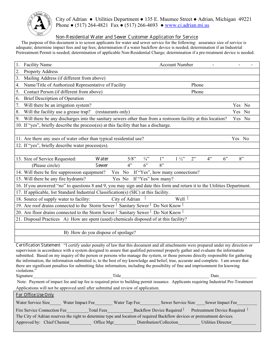 Non-residential Water and Sewer Customer Application for Service - City of Adrian, Michigan, Page 1