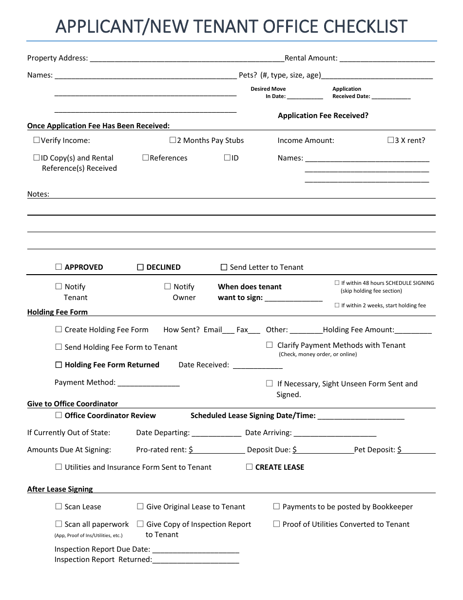 Applicant / New Tenant Office Checklist Form, Page 1