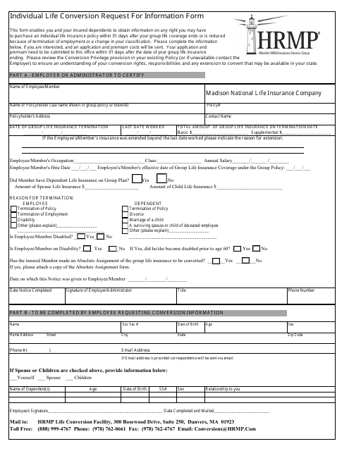 Individual Life Conversion Request for Information - Hrmp document preview image