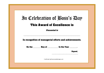 Document preview: Boss's Day Award Certificate Template - Orange
