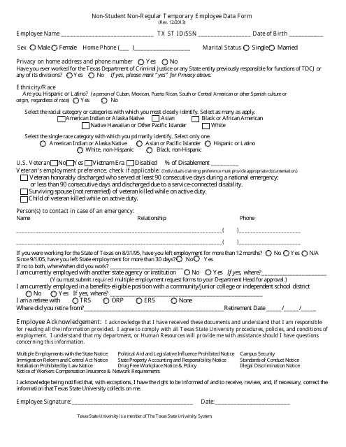 Non-student Non-regular Temporary Employee Data Form - Texas State University System - Texas Download Pdf