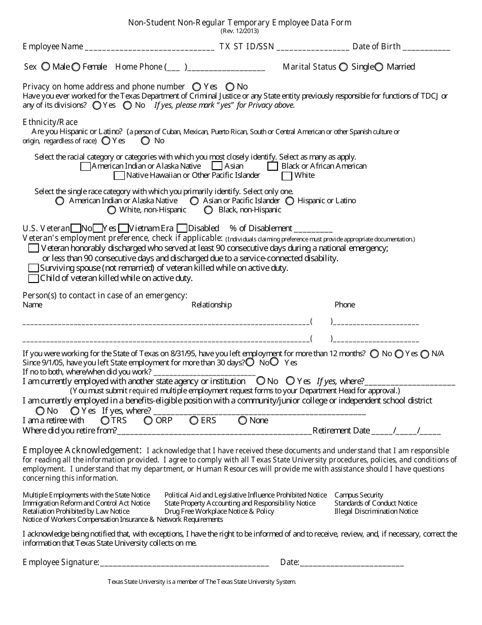 Non-student Non-regular Temporary Employee Data Form - Texas State University System - Texas, Page 1
