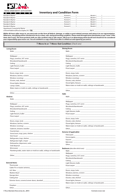 &quot;Inventory and Condition Form - Texas Apartment Association&quot; - Texas Download Pdf