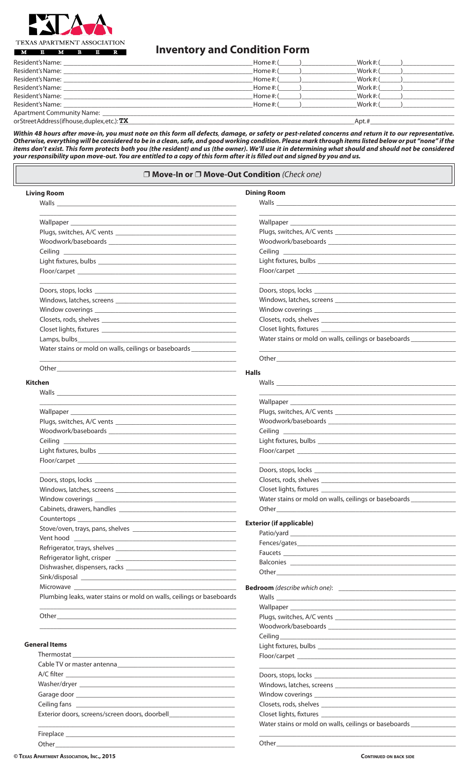 Inventory and Condition Form - Texas Apartment Association - Texas, Page 1