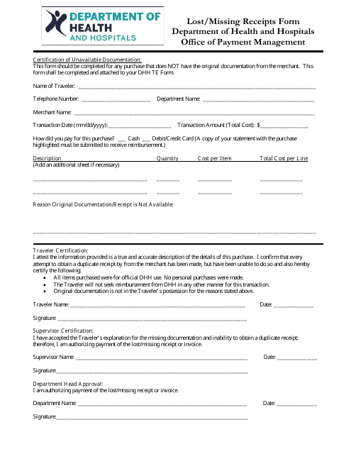 Lost / Missing Receipts Form - Louisiana Download Pdf