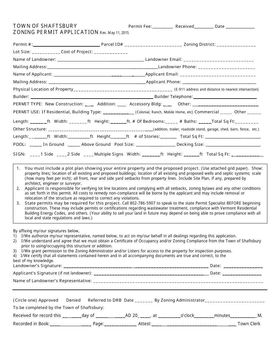 Zoning Permit Application Form - Town of Shaftsbury, Vermont, Page 1