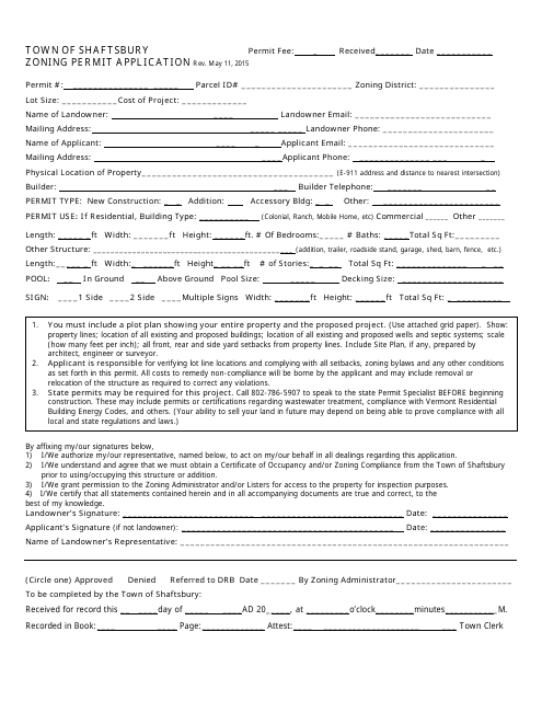 Zoning Permit Application Form - Town of Shaftsbury, Vermont