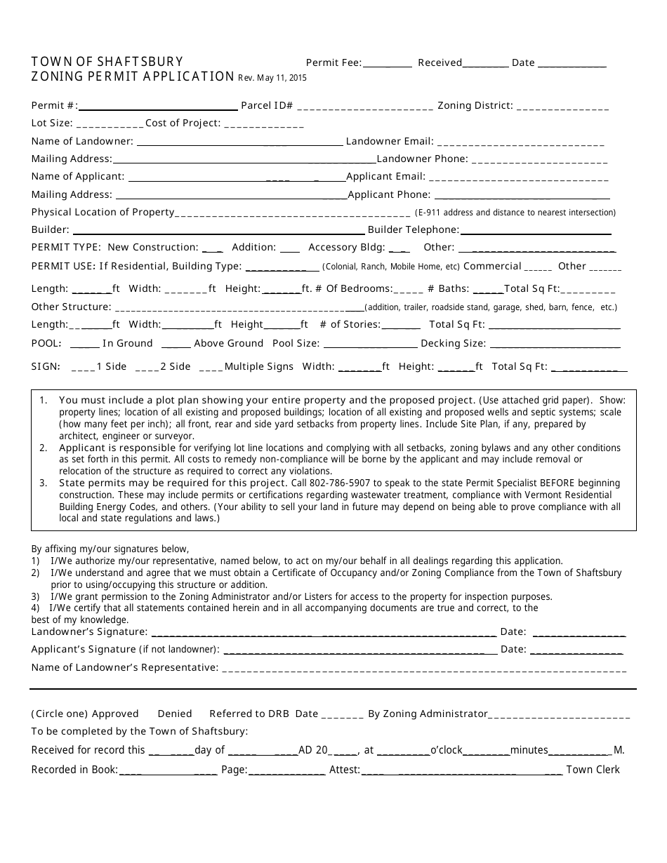 Town of Shaftsbury, Vermont Zoning Permit Application Form - Fill Out ...