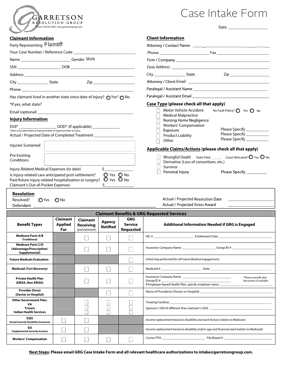 Case Intake Form - Garretson Resolution Group, Page 1