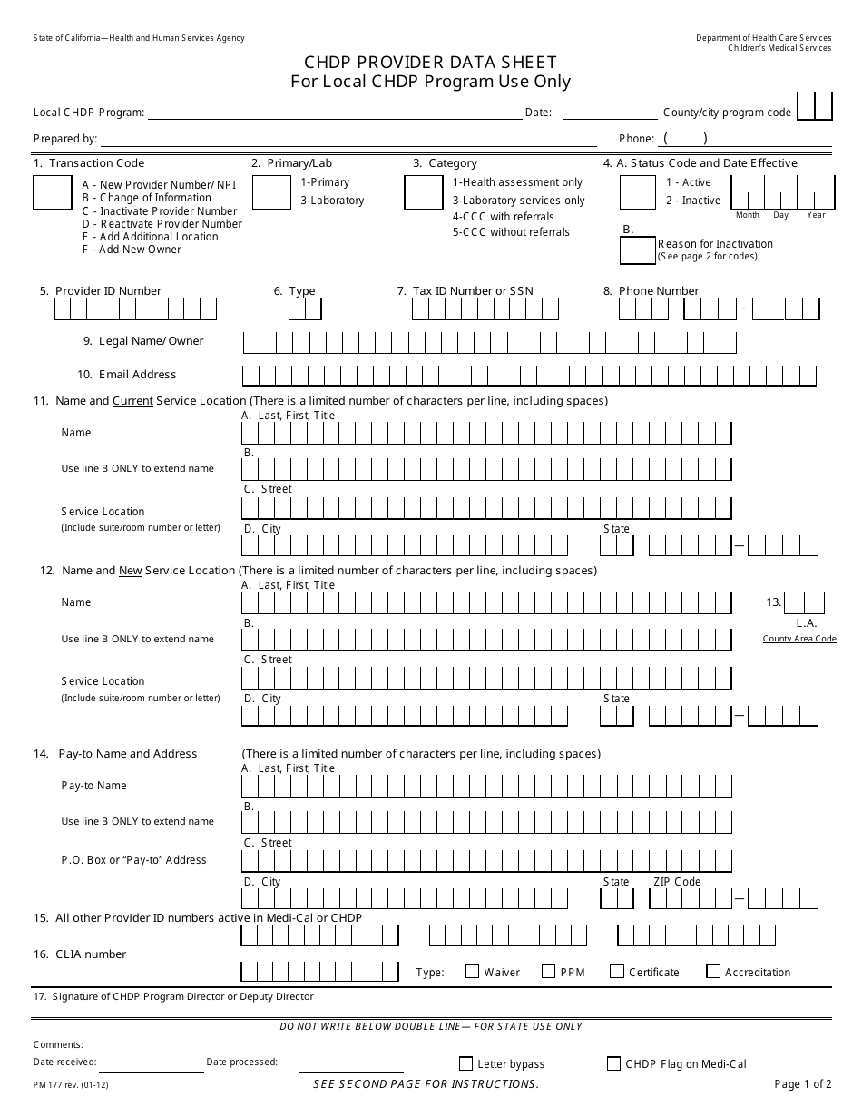 Form PM177 Chdp Provider Data Sheet - California, Page 1