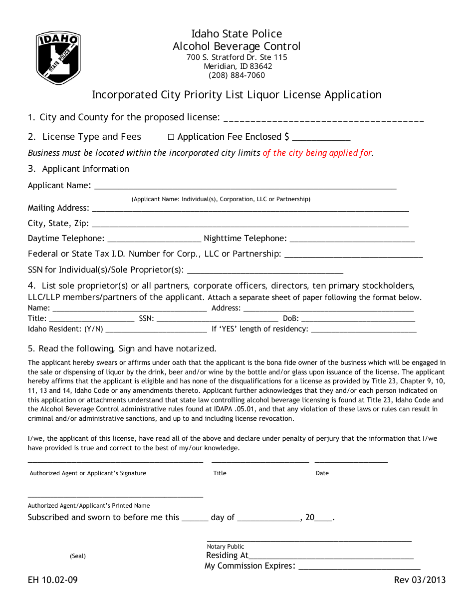 Form EH10.02-09 Incorporated City Priority List Liquor License Application - Idaho, Page 1