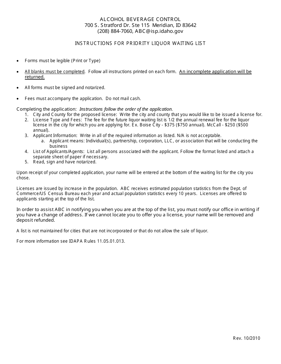 Form EH10.02-09 Incorporated City Priority List Liquor License Application - Idaho, Page 2