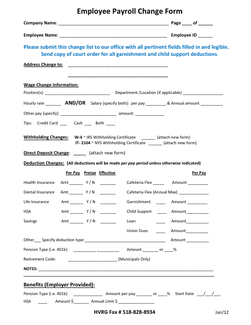 &quot;Employee Payroll Change Form - Hvrg&quot; Download Pdf